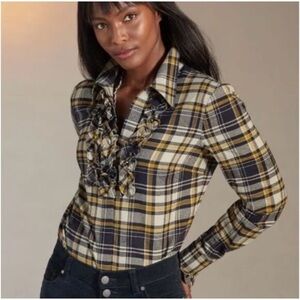 Cabi Seattle Ruffled Flannel Plaid Ruffle Button Down  Shirt Sz M Cotton yellow